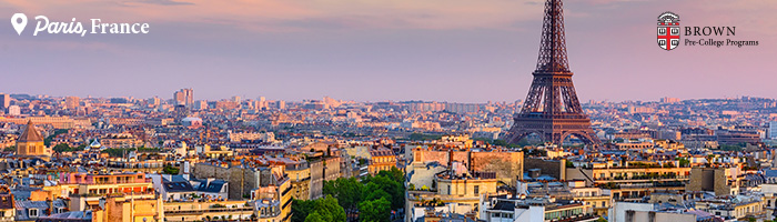 Photo of Paris, France and the Eiffel Tower with "Paris, France" in white text in the top left corner and the Brown Pre-College logo in the top right corner.