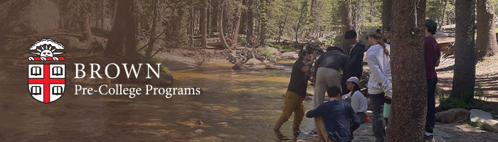 Header image with Brown University logo and students by a stream in the woods