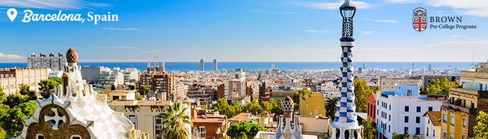 Photo of Barcelona, Spain with "Barcelona, Spain" in white text in the top left corner and the Brown Pre-College logo in the top right corner.