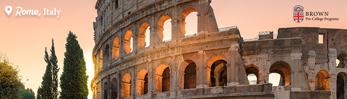 Photo of the Colosseum with "Rome, Italy" in white text in the top left corner and the Brown Pre-College logo in the top right corner.