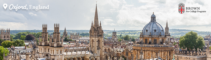Photo of the Oxford, England with "Oxford, England" in white text in the top left corner and the Brown Pre-College logo in the top right corner.