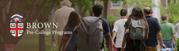Header image with Brown Pre-College logo and campus members walking away