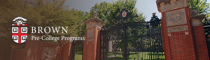 Brown Pre-College Logo overlaid on a photo of the Brown University Van Wickle Gates on a sunny summer day.